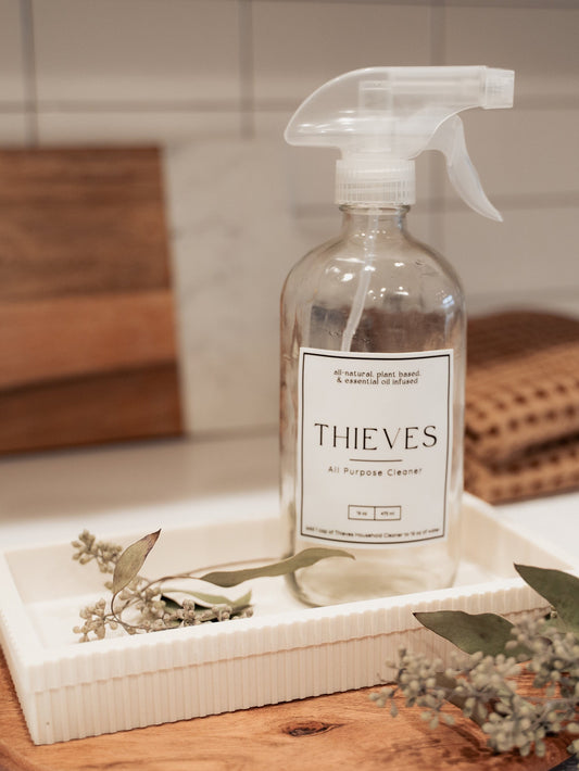 Thieves Label with 16 oz Glass Spray Bottle | Thieves All-Purpose Cleaner | Young Living | Waterproof Vinyl | Simply Rooted Design Co.
