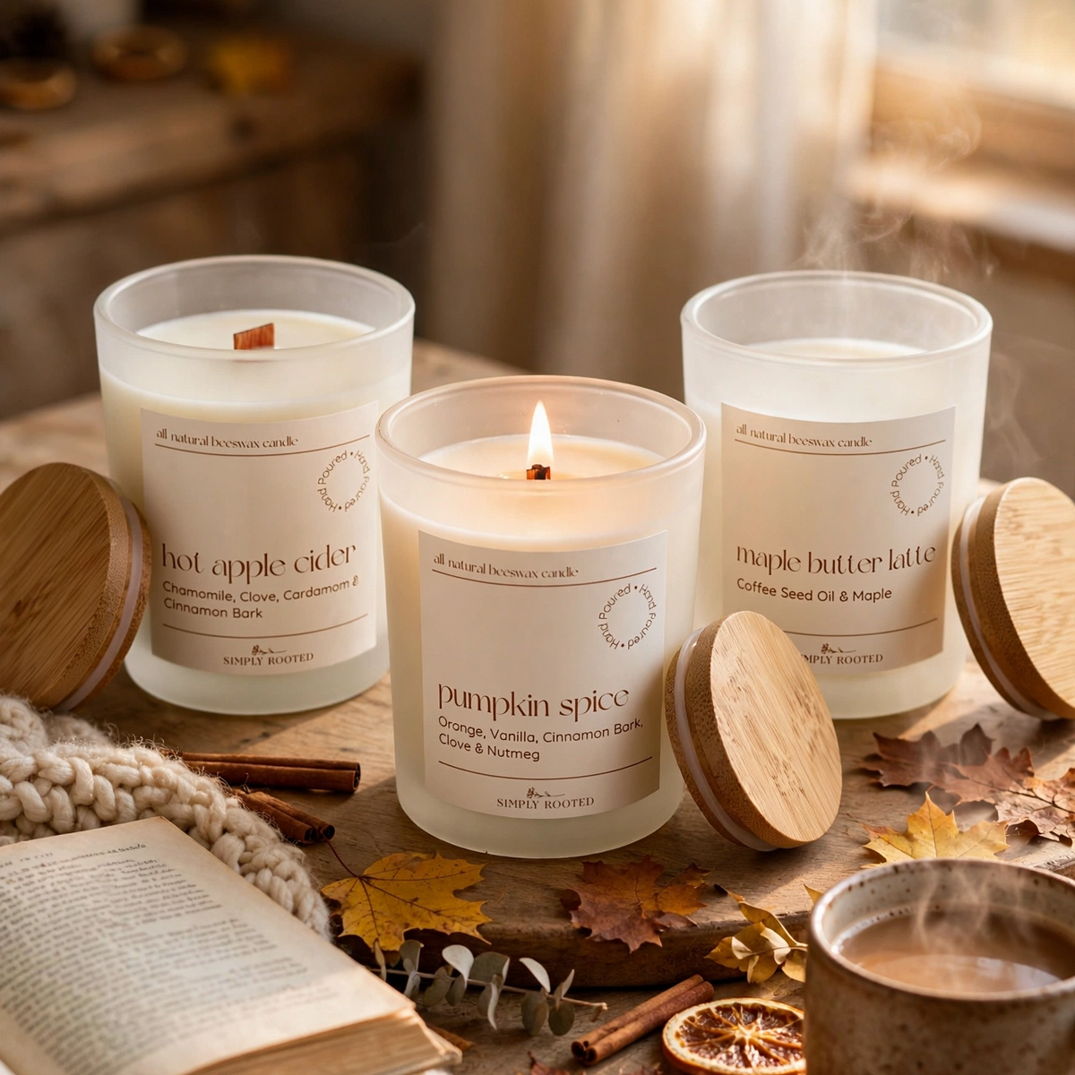 Three lit scented candles in frosted glass jars are arranged on a rustic wooden table with autumn props including fall leaves, cinnamon sticks, an open book, a knit blanket, and a mug of hot cocoa. The candles are labeled hot apple cider, pumpkin spice, and maple butter.