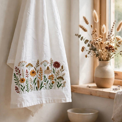 A white linen kitchen towel with a colorful embroidered floral border hangs on a wooden rack in a rustic room next to a window with dried flowers in a vase.