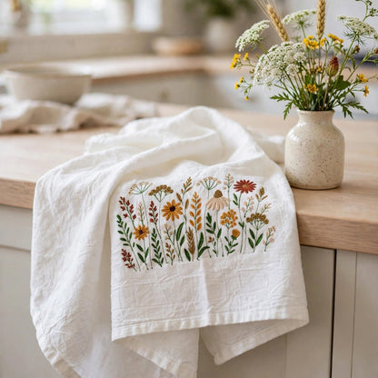 A white kitchen towel draped over a wooden countertop in a bright kitchen, featuring a colorful embroidered floral pattern. A small vase of wildflowers sits on the counter in the background.