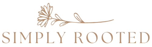 Logo of Simply Rooted with a sketched flower above the text.