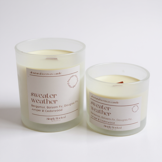 Two 'Sweater Weather' candles with labels on a white background