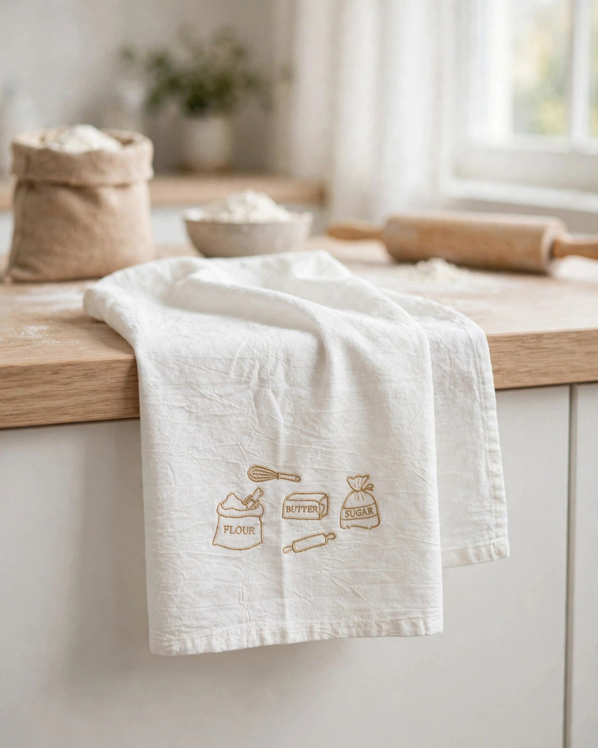 White embroidered tea towel with baking design in tan thread draped over a wooden kitchen counter with flour and rolling pin