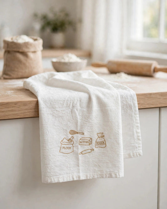 White embroidered tea towel with baking design in tan thread draped over a wooden kitchen counter with flour and rolling pin