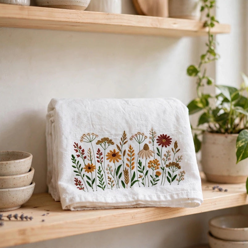 A folded white linen kitchen towel with a colorful embroidered floral pattern, displayed on a wooden shelf next to a potted plant.