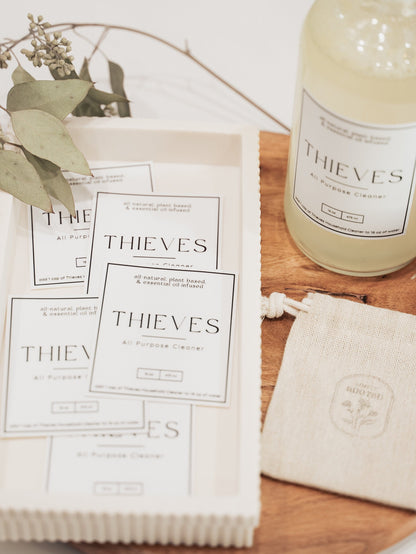 5-Pack Thieves Cleaner Labels | Waterproof Vinyl Decals for Young Living Bottles | Aesthetic Modern Stickers | Simply Rooted Design Co.